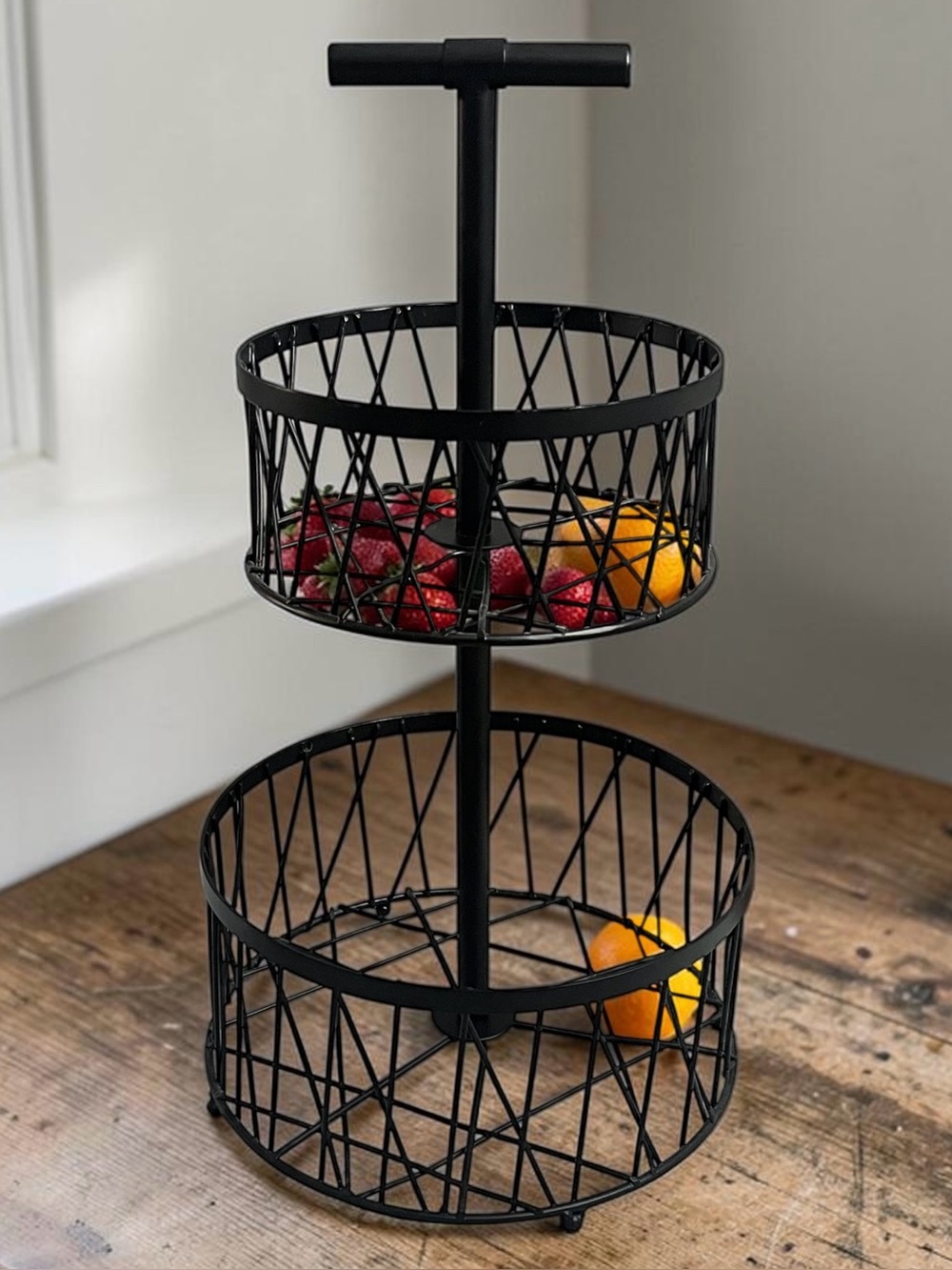 Large Two tier black iron wire countertop fruit basket coffee bar basket 19.75”